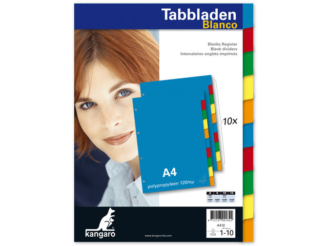 Kangaro tabblad A4 blanco PP 120 micron assorti 4-gaats 10-delig