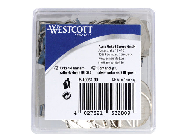 Hoekclips Westcott zilver aluminium in kunststof doos 100 stuks