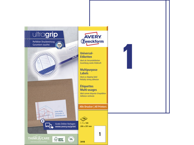 Etikett Avery ILK 210x297mm 100 Vel 1 Etikett pro Vel weiß