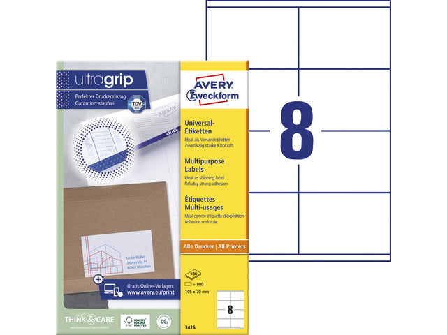 Etikett Avery ILK 105 x 70 mm, 100 Vel, 8 Etiketten pro Vel, weiß