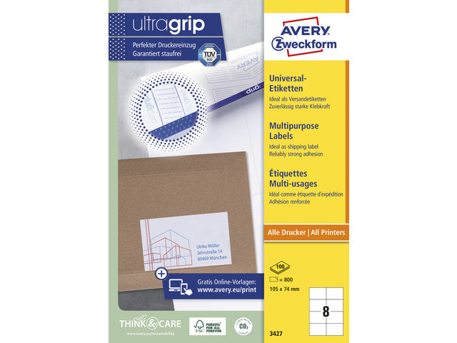 Etikett Avery ILK 105 x 74 mm, 100 Vel, 8 Etiketten pro Vel, weiß
