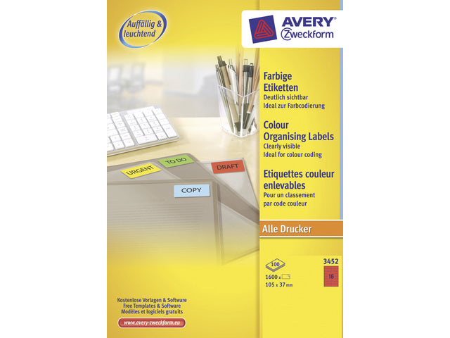Etikett Avery ILK 105 x 37 mm, 100 Vel, 16 Etiketten pro Vel, rot