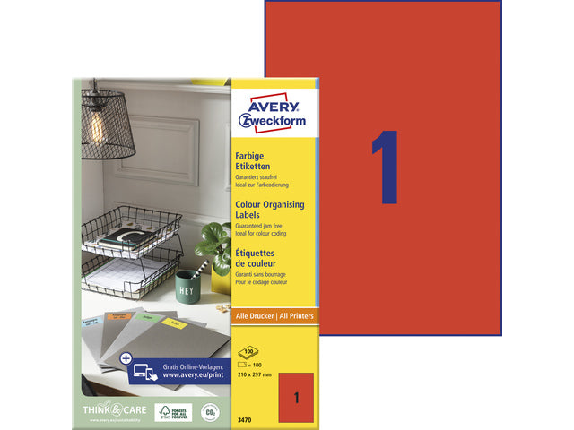 Etikett Avery ILK 210 x 297 mm, 100 Blatt, 1 Etikett pro Blatt rot