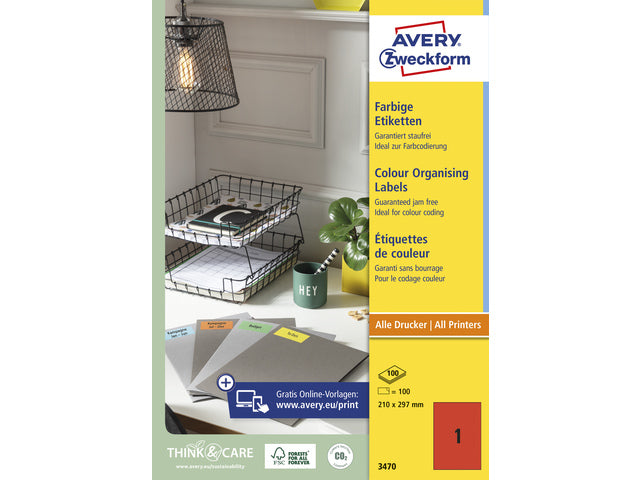 Etikett Avery ILK 210 x 297 mm, 100 Blatt, 1 Etikett pro Blatt rot
