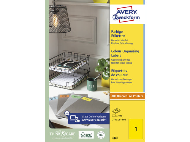 Etikett Avery ILK 210x297mm 100 Vel 1 Etikett pro Vel gelb