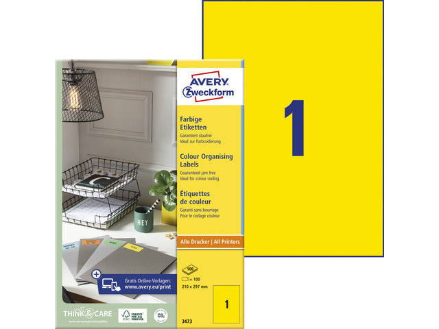 Etikett Avery ILK 210x297mm 100 Vel 1 Etikett pro Vel gelb