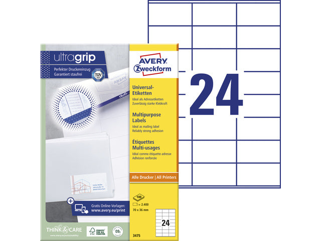 Etikett Avery ILK 70x36mm 100 Vel 24 Etiketten pro Vel weiß