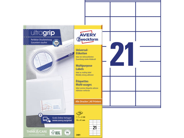 Etikett Avery ILK 70x41mm 100 Vel 21 Etiketten pro Vel weiß