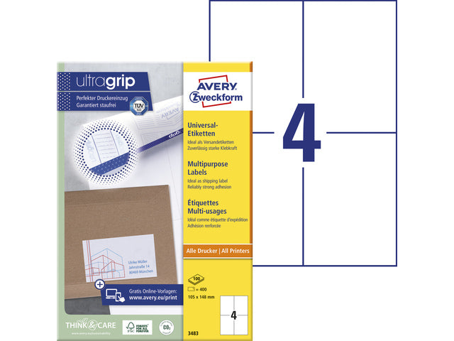 etiket Avery ILK 105x148mm 100 vel 4 etiketten per vel wit