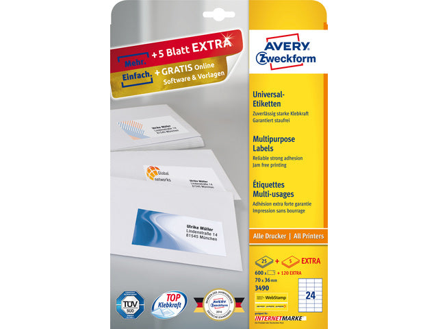 etiket Avery ILK 70x36mm 25 vel + 5 vel extra 24 etiketten per vel wit