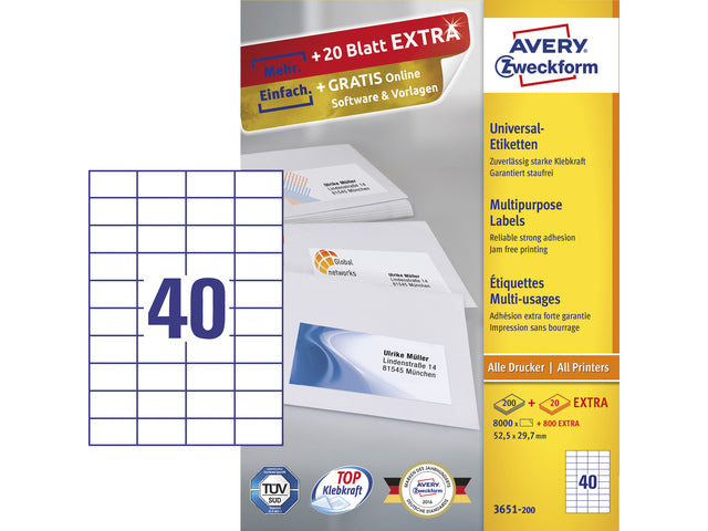 Etikett Avery ILK 52,5x29,7mm 200 Vel 40 Etiketten pro Vel weiß