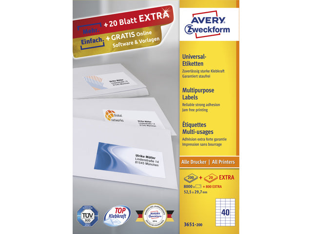 Etikett Avery ILK 52,5x29,7mm 200 Vel 40 Etiketten pro Vel weiß