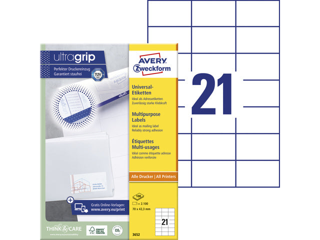 Etikett Avery ILK 70x42,3mm 100 Vel 21 Etiketten pro Vel weiß