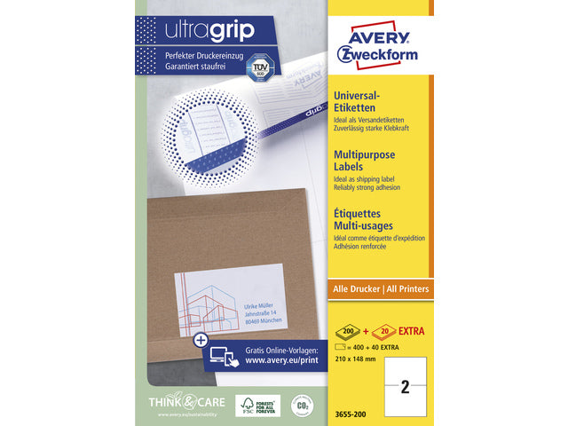 Etikett Avery ILK 210 x 148 mm, 200 Vel, 2 Etiketten pro Vel, weiß