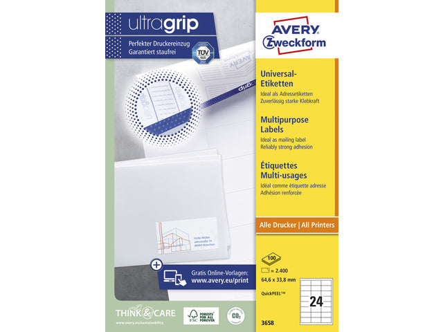 Etikett Avery ILK 64,6x33,8mm 100 Vel 24 Etiketten pro Vel weiß