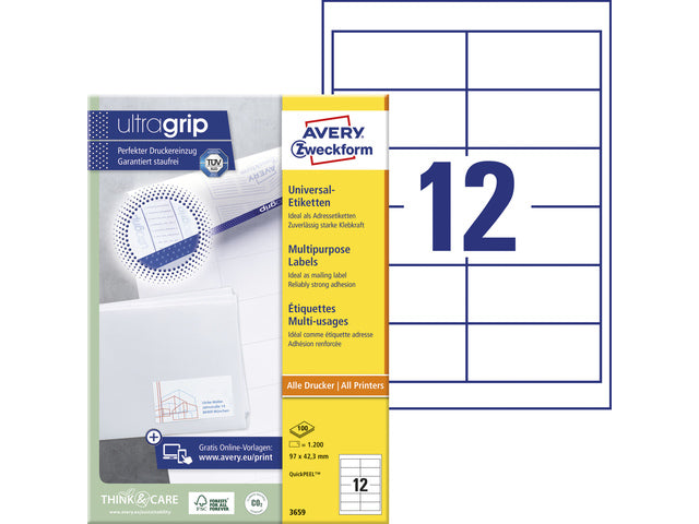 Etikett Avery ILK 97x42,3mm 100 Vel 12 Etiketten pro Vel weiß