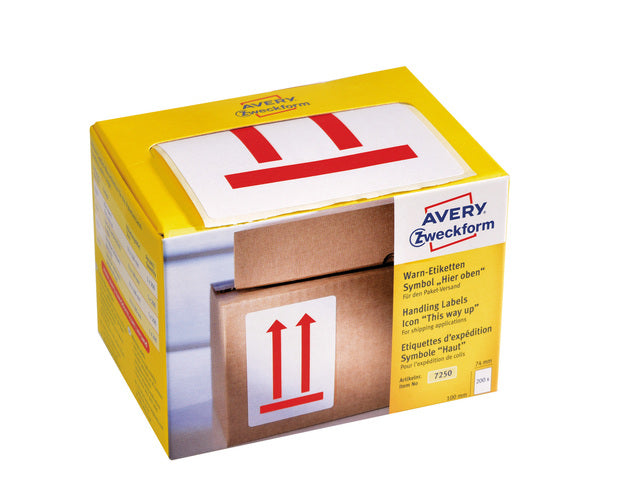 Waarschuwingsetiket Avery 'This way up' op rol in dispenser 74x100mm