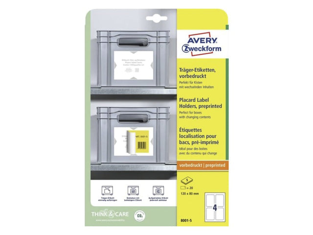 Positioneer etiket Avery voorbedrukt 120x80mm 5 vel 4 etiketten per vel 3-talig
