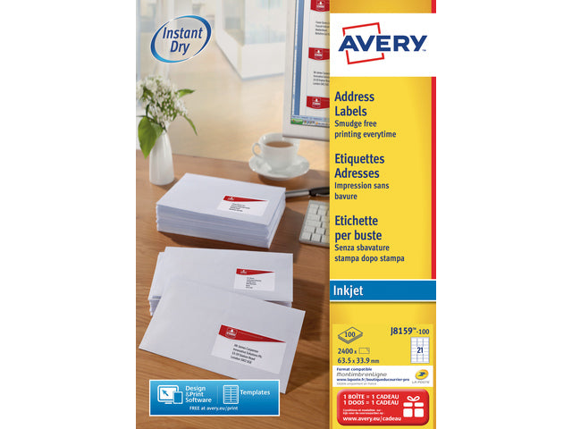 inkjetetiket Avery 63,5x33,9mm wit 100 vel 24 etiketten per vel