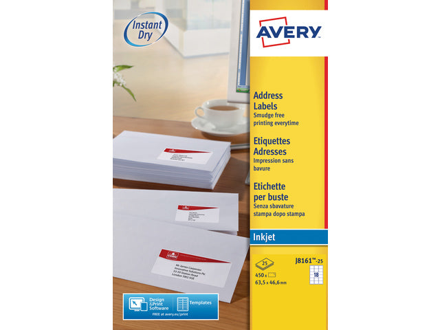 inkjetetiket Avery 63,5x46,6mm wit 25 vel 18 etiketten per vel