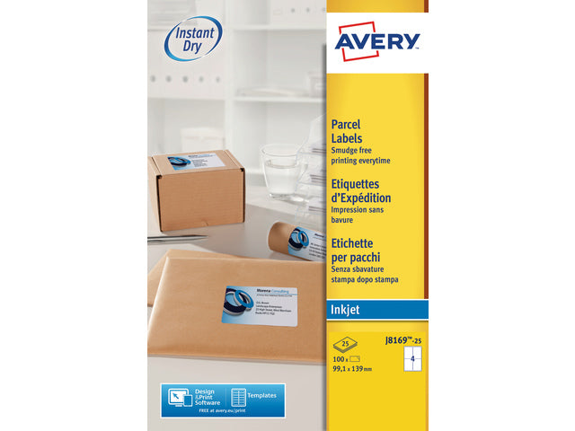 inkjetetiket Avery 99,1x139mm wit 25 vel 4 etiketten per vel