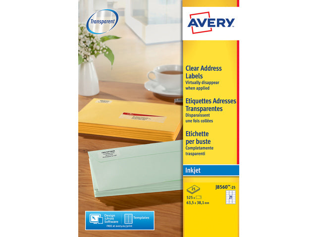 adresetiket Avery 63,5x38,1mm transparant 25 vel 21 etiketten per vel
