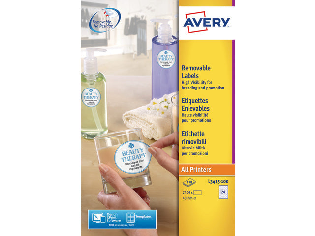 Etikett Avery, 40 mm, rund, mit 100 Klebestreifen, 24 Etiketten pro Klebestreifen