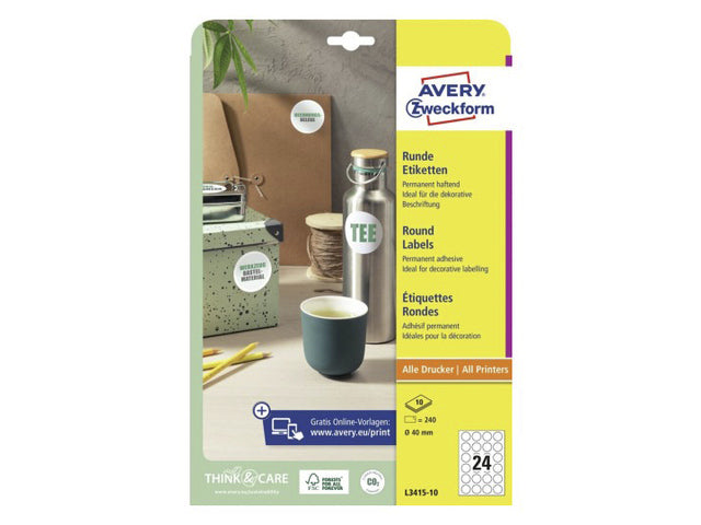 etiket Avery 40mm rond wit 10 vel 24 etiketten per vel