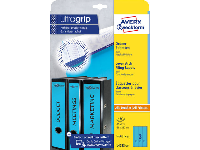 Ordnerteppich Avery 297x61mm blau 20 Vel 3 Etiketten pro Vel