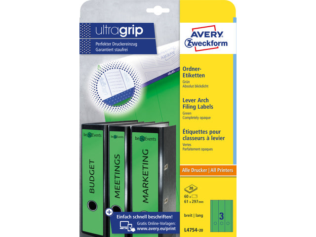 Ordnerteppich Avery 297x61mm grün 20 Blatt 3 Etiketten pro Blatt
