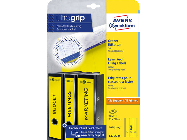 Ordnerteppich Avery 297x61mm gelb 20 Vel 3 Etiketten pro Vel