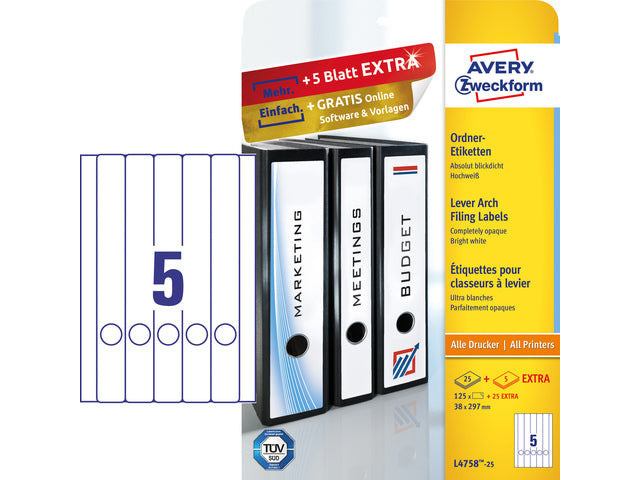 Ordnerteppich Avery 297x38mm mit 25 Vel, 5 Etiketten pro Vel