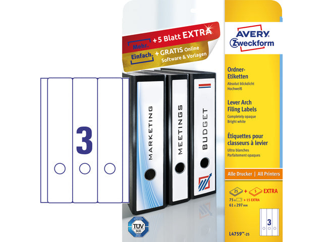 Ordnerteppich Avery 297x61mm mit 25 Vel, 3 Etiketten pro Vel