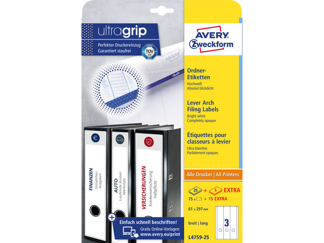 Ordnerteppich Avery 297x61mm mit 25 Vel, 3 Etiketten pro Vel
