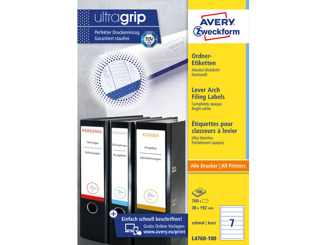 Ordnerteppich Avery 192x38mm mit 100 Vel, 7 Etiketten pro Vel