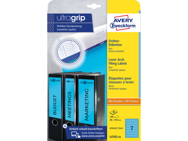 Ordnerteppich Avery 192x38mm blau 20 Vel 7 Etiketten pro Vel