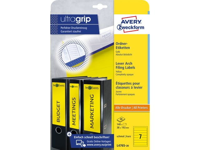Ordnerteppich Avery 192x38mm gelb 20 Vel 7 Etiketten pro Vel