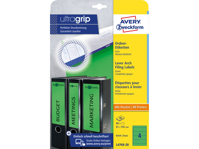 Ordnerteppich Avery 192x61mm grün 20 Blatt 4 Etiketten pro Blatt