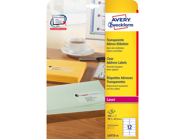 Laseretikett Avery 99,1x42,3mm transparent 25 Vel 12 Etiketten pro Vel