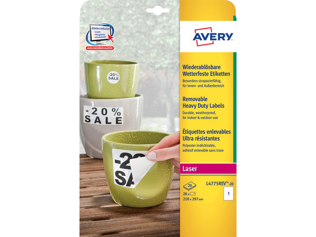 weerbestendig etiket Avery NP 210x297mm 20 vel 1 etiketten per vel
