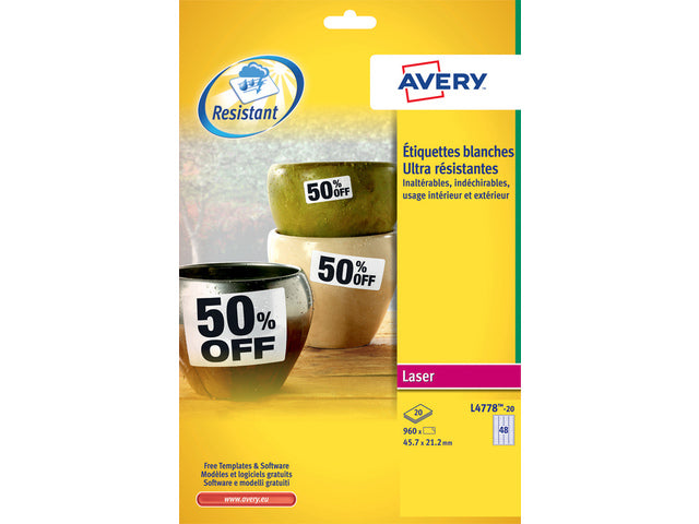 weerbestendig etiket Avery 45,7x21,2mm 20 vel 48 etiketten per vel