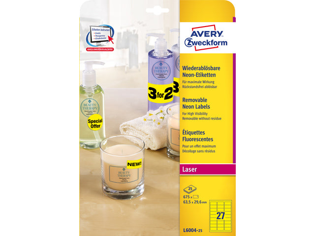Laseretikett Avery 63,5x29,6mm 25 Vel 27 Etiketten pro Vel Neongelb