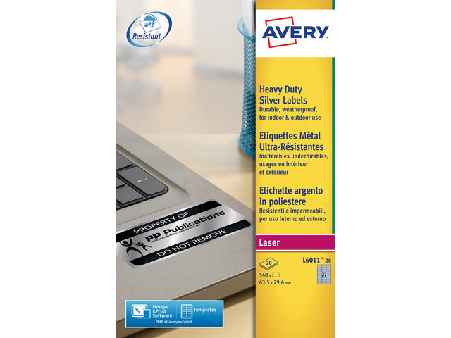 laseretiket Avery 63,5x29,6mm 20 vel 27 etiketten per vel zilver