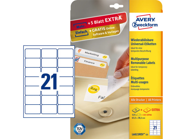 etiket Avery ILK 63,5x38,1mm NP 25 vel 21 etiketten per vel wit