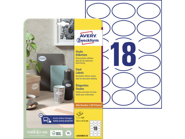 etiket Avery ILK 63,5x42,3mm NP 25 vel 18 etiketten per vel wit