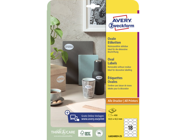 etiket Avery ILK 63,5x42,3mm NP 25 vel 18 etiketten per vel wit