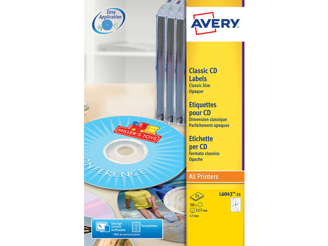 CD-etiket Avery 117mm classic size 25 vel 2 etiketten per vel wit