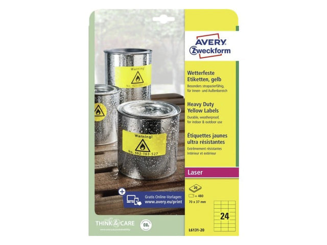Weerbestendig etiket Avery 70x37mm geel, doos 20 vel