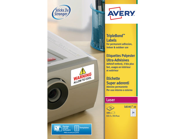 Laseretikett Avery 63,5 x 33,9 mm mit 20 Etiketten, 24 Etiketten pro Folie