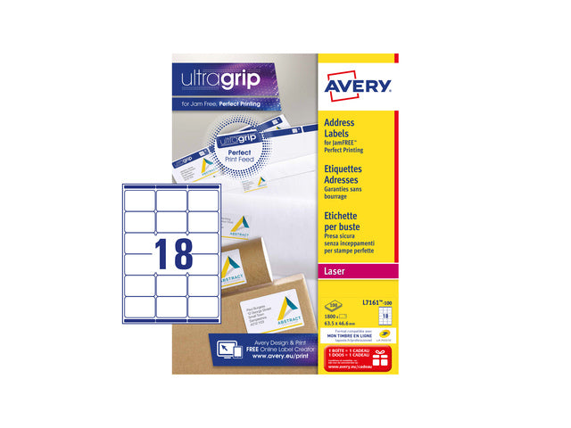 adresetiket Avery QuickPeel 63,5x46,6 wit 100 vel 18 etiketten per vel